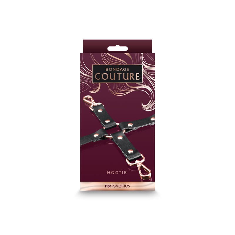 Bondage couture hog tie black, box front | Flirtybay.com.au